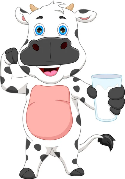 Cartoon Cute Cow Holding Milk Glass — Stock Vector