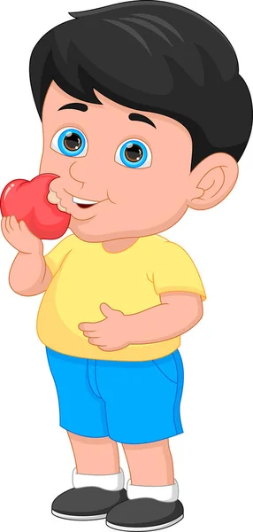 在白色背景下吃苹果的卡通男孩 — 图库矢量图片