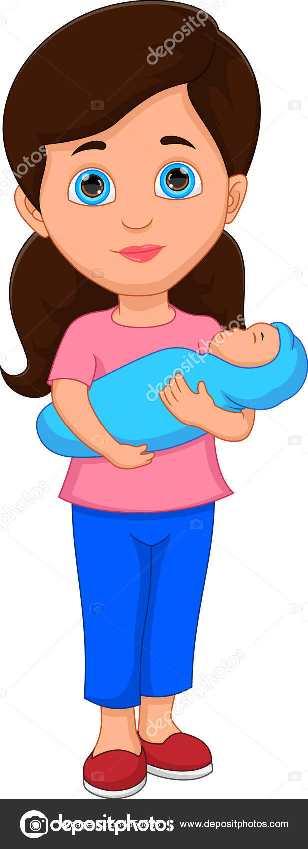 Bebê Bonito Com Saco, Estilo De Desenho Animado Menina, Ilustração