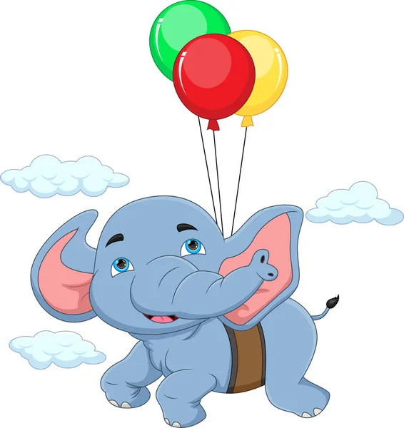 卡通画可爱的大象带着气球飞行 — 图库矢量图片