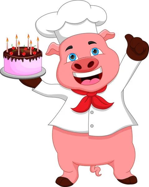 cartoon pig chef with birthday cake