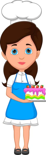 Dibujos Animados Niña Chef Con Tarta — Vector de stock