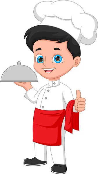 Chef Boy Brings Food Tray Gives Thumbs — Stockvektor