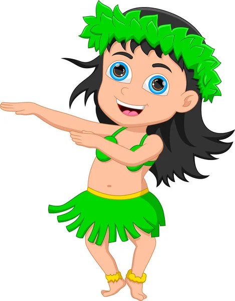 Cute Cartoon Girl Dancing Hula Hawaiian — Stock Vector