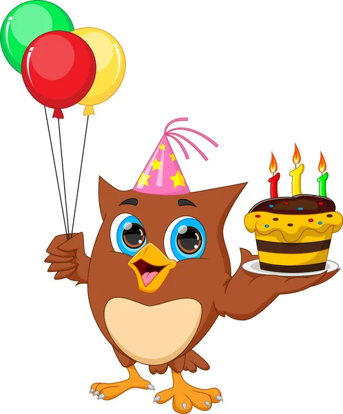 Birthday Owl Holding Balloon Tart Cartoon — Stock Vector