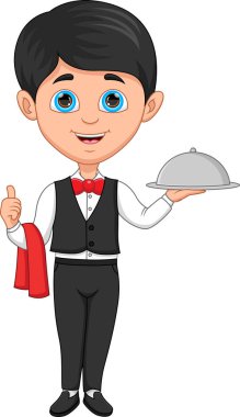 Garson çocuk bir tepsi yemek taşıyor.