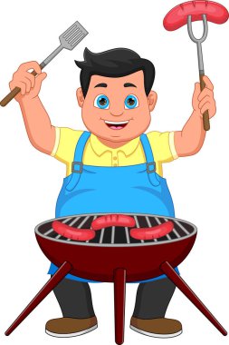 Genç adam barbekü partisinde et pişiriyor.