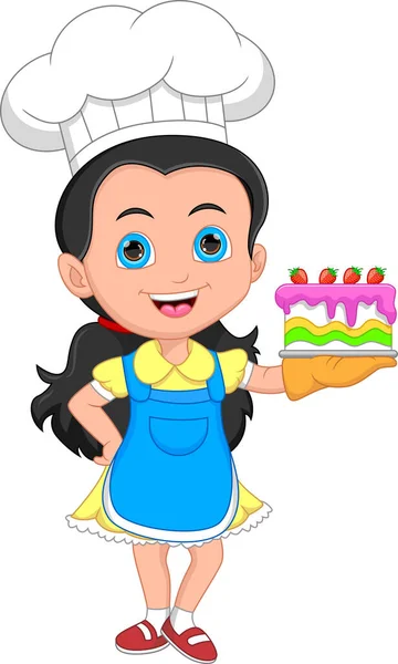 Dibujos Animados Niña Chef Con Tarta — Vector de stock