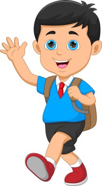 Beyaz arka planda el sallayan çizgi film öğrencisi.