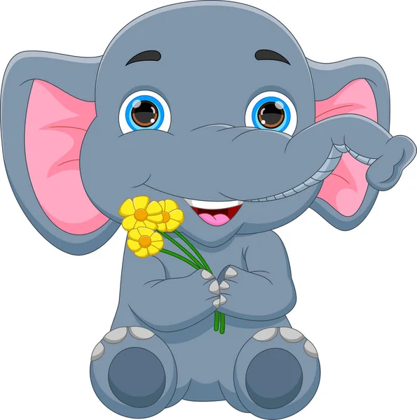 Kreslený Slon Drží Květiny Izolované Bílém Pozadí — Stockový vektor