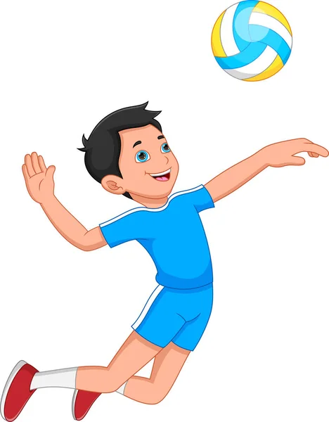 白い背景でバレーボールをする漫画少年 — ストックベクタ