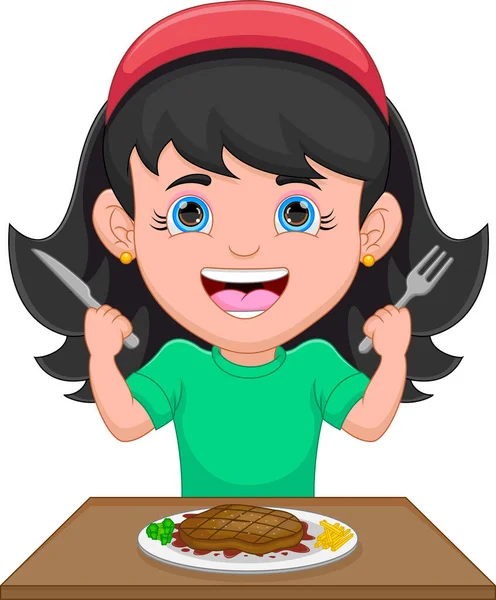 Chica Bonita Comiendo Carne Res Caricatura — Vector de stock