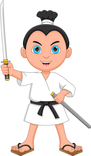 Niño Vistiendo Traje Samurai Sosteniendo Una Espada — Vector de stock