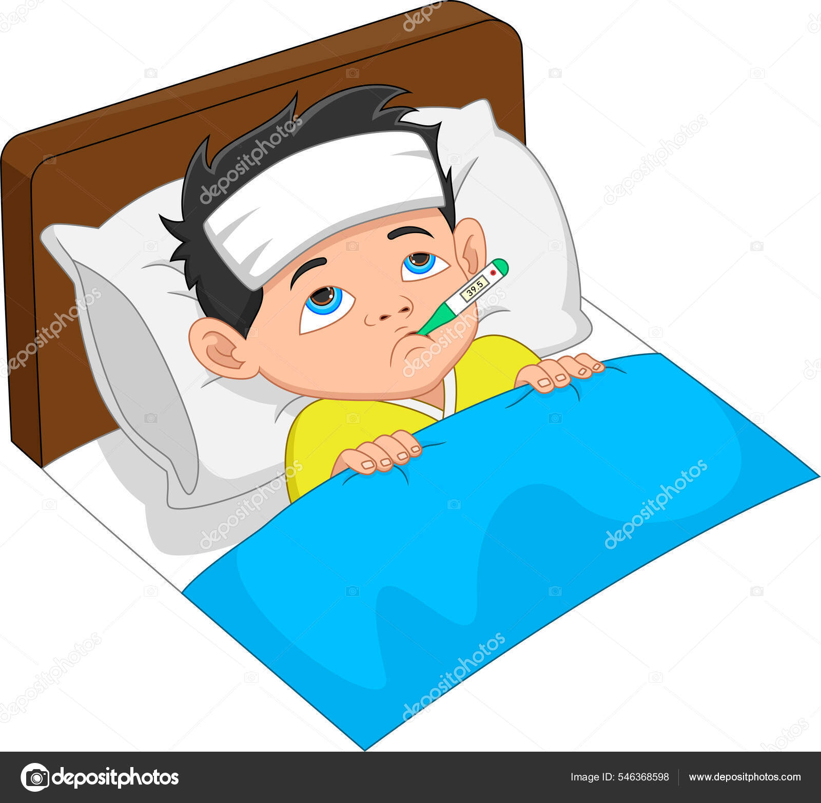 Dessin Animé Garçon Malade Haute Température image vectorielle par