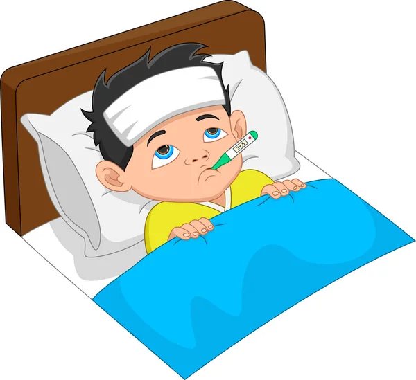 Καρτούν Άρρωστο Αγόρι Υψηλή Θερμοκρασία — Διανυσματικό Αρχείο