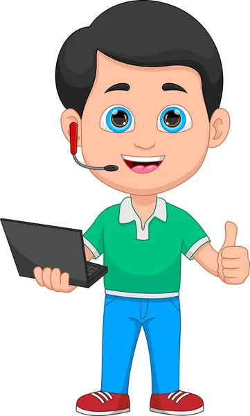 Boy Holding Laptop Thumbs — Stock Vector