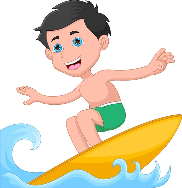 Μικρό Αγόρι Surfing Κινουμένων Σχεδίων Λευκό Φόντο — Διανυσματικό Αρχείο