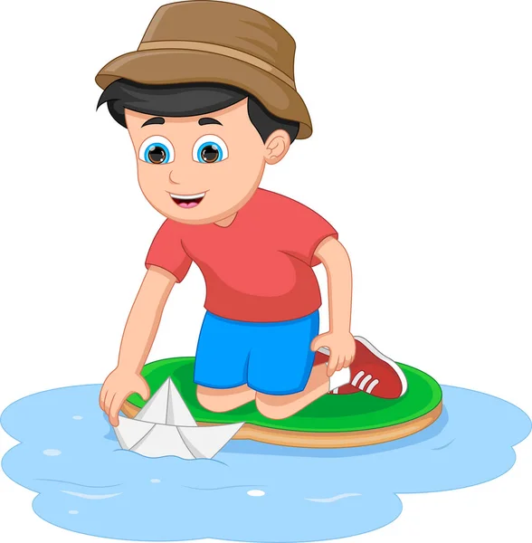 Niño Jugando Con Barco Papel Agua — Vector de stock