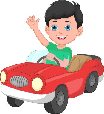 Komik küçük çocuk oyuncak araba kullanıyor.