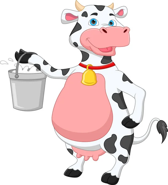 Cartoon Cute Cow Holding Milk Bucket — Stock Vector