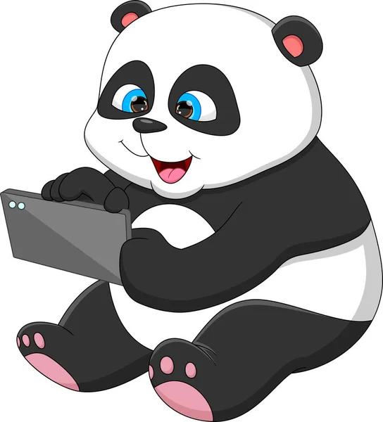 Cartoon Schattig Panda Holding Telefoon Tablet — Stockvector