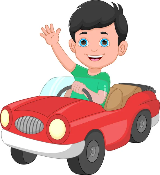 Śmieszne Mały Chłopiec Jazdy Zabawka Samochód — Wektor stockowy