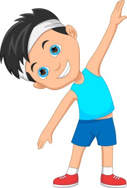 beyaz arka planda egzersiz yapan küçük bir çocuk.