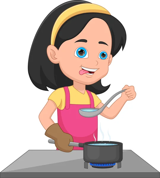Cute Girl Cooking Kitchen — Stock Vector