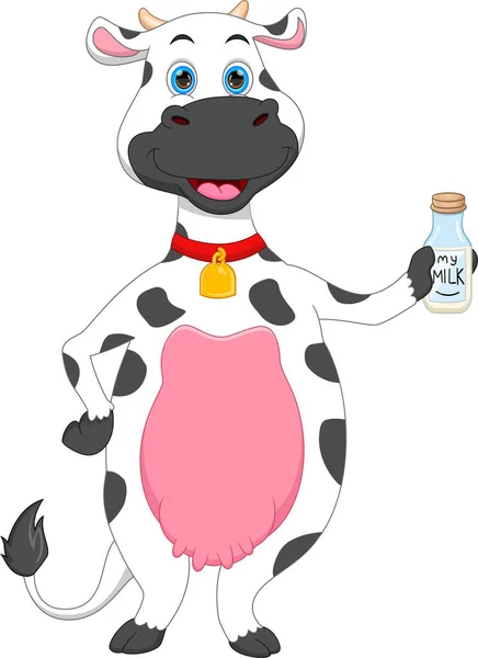 Cartoon Cute Cow Holding Milk Bottle — Stock Vector