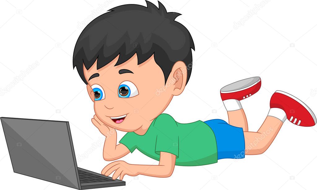 cute boy with a laptop on white background