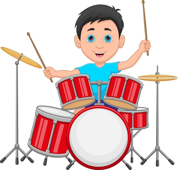 Cartoon Junge Spielt Ein Schlagzeug Auf Weißem Hintergrund — Stockvektor