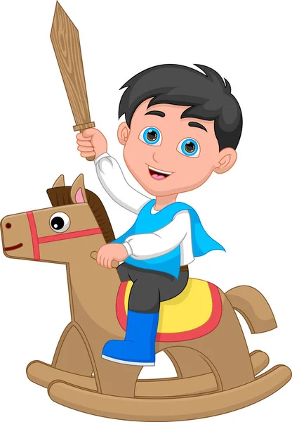 Little Boy Riding Rocking Horse Holding Sword — Stock Vector