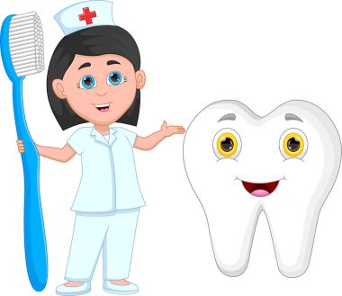 Diş fırçası ve diş fırçası olan sevimli hemşire.
