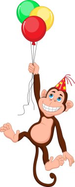 Balon tutan ve parti şapkası takan şirin bir maymun.