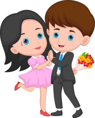 Beyaz arka planda mutlu genç çift çizgi filmi