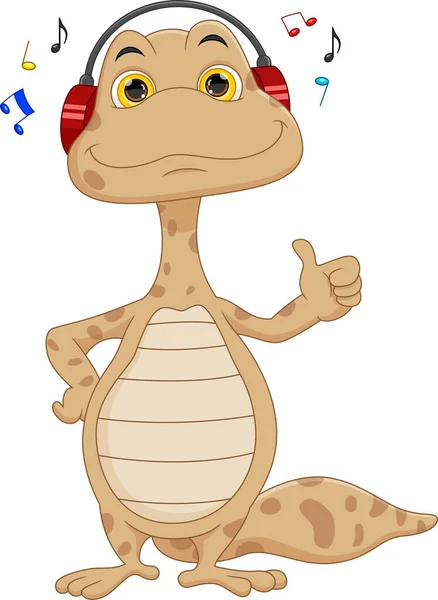 Cartoon Niedlicher Gecko Hört Musik — Stockvektor