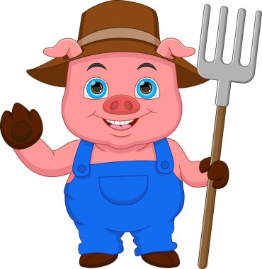 Çizgi film, elinde tırmık tutan sevimli domuz.