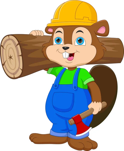 Cute Beaver Carrying Tree Log Trunk Holding Axe — Stock Vector