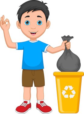 Çocuk çöp torbasını çöp kutusuna attı.