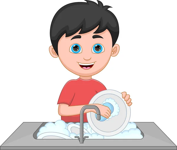 白い背景で皿を洗う男の子 — ストックベクタ