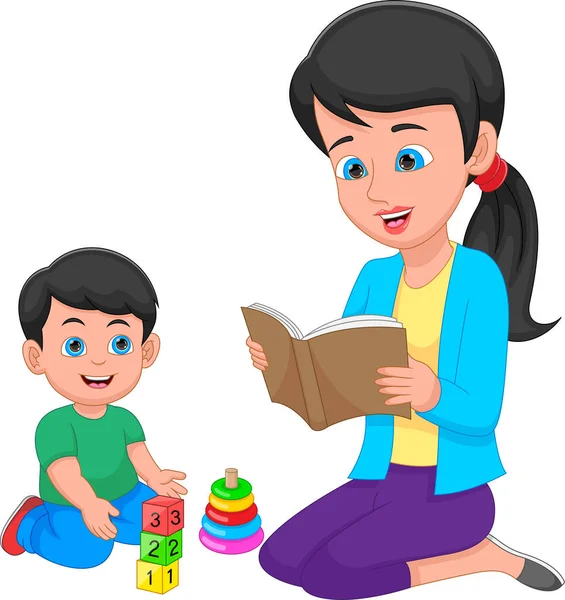 妈妈和她的儿子一起看书 — 图库矢量图片