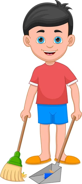Cartoon Young Boy Sweeping Floor — ストックベクタ