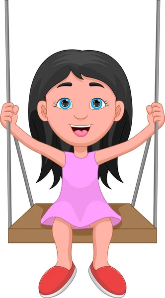 Cartoon Gelukkig Meisje Spelen Swing — Stockvector