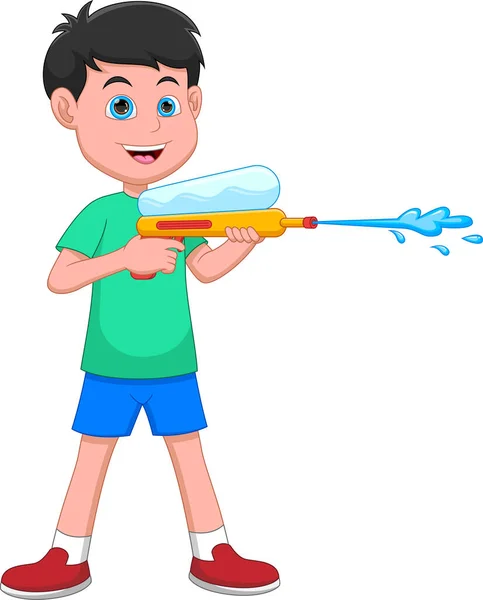 Cartoon Funny Boy Playing Water Gun — Vector de stock