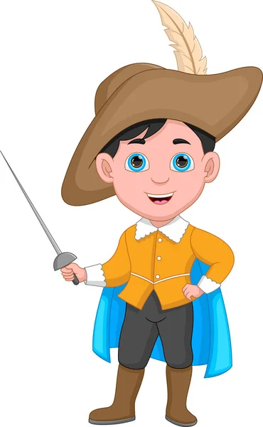 Cartoon Boy Wearing Musketeer Costume Holding Sword — Vettoriale Stock