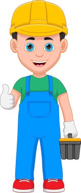 Onaylayan ve alet çantası tutan genç bir tamirci.