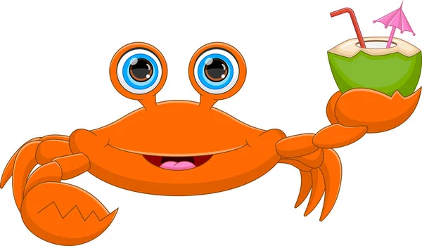 Cartoon Cute Crab Coconut Drink — Vetor de Stock