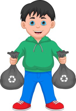 Çizgi filmci çocuk plastik torbada çöp tutuyor.