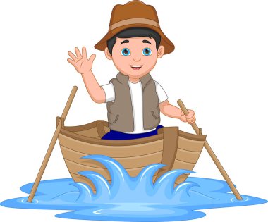cartoon boy waving on a wooden boat