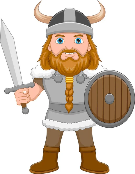 Cartoon Boy Viking Costume Holding Sword — Stockvector